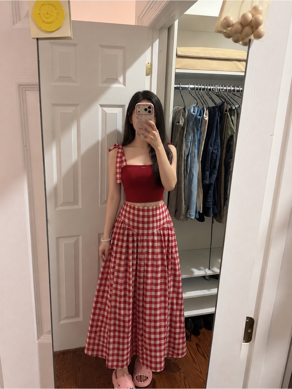 Red Gingham Maxi Dress with Tie Shoulder Set
